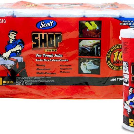Scott Shop 10-Pack 55 Towels Per Roll, 11" X 10.4" Sheet Size, Absorbs Liquids