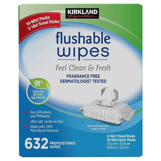Genuine Kirkland Moist Flushable 632 Wipes Includes 2 Travel Packs